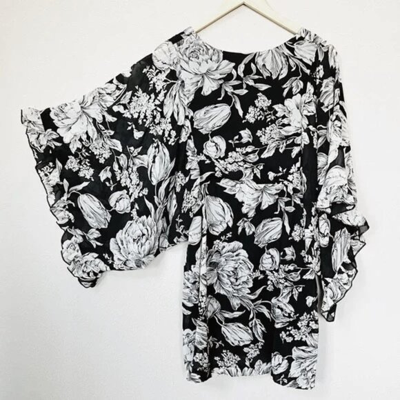 MINKPINK Women's Black Floral V Neck Flutter Kimono Ruffle Sleeves Mini Dress 10 - Picture 14 of 14